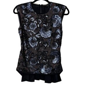 BCBG MAXAZRIA Glitter / Shimmer Sequin Floral Black Sleeveless Blouse NWT